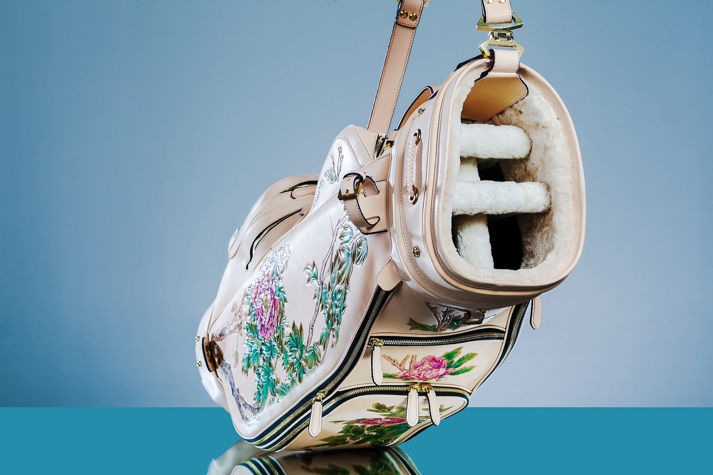 Hand-carved vegetable-tanned cowhide golf bag