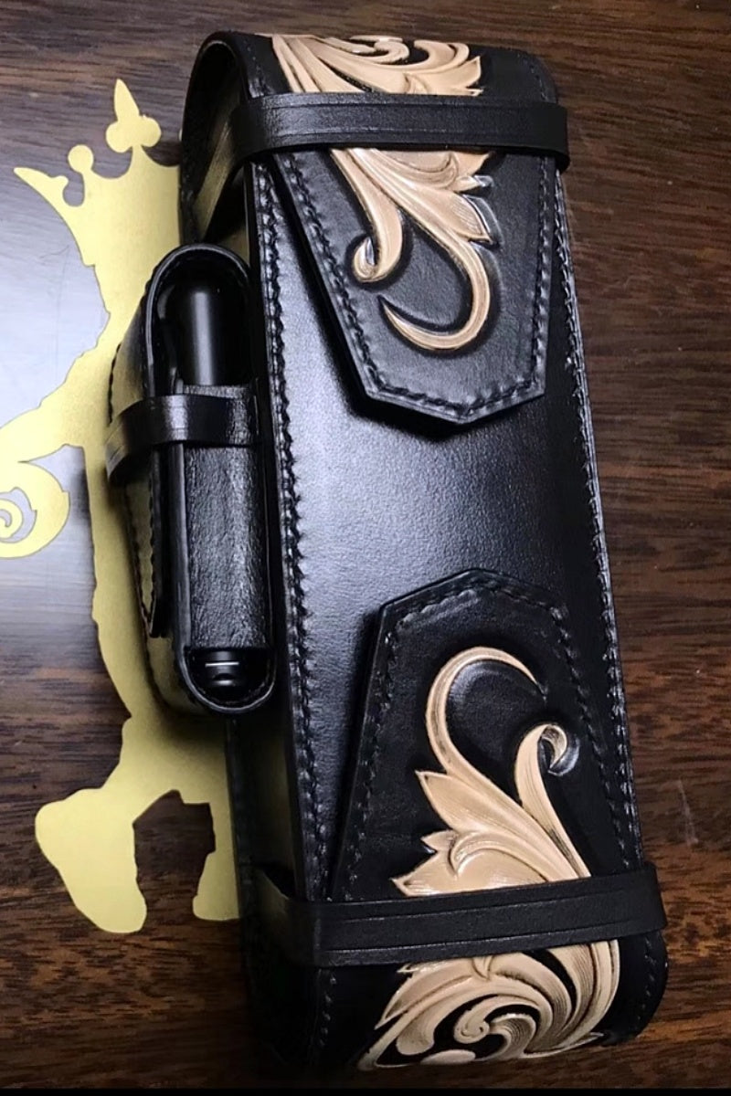 Hand-carved Tobacco Pipe Pouch Made of Vegetable Tanned Cowhide