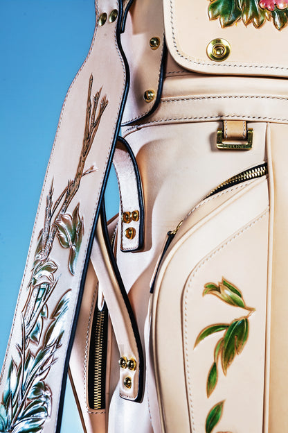 Hand-carved vegetable-tanned cowhide golf bag