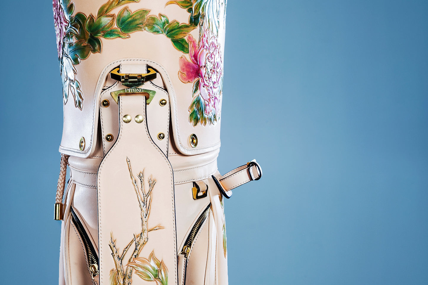 Hand-carved vegetable-tanned cowhide golf bag