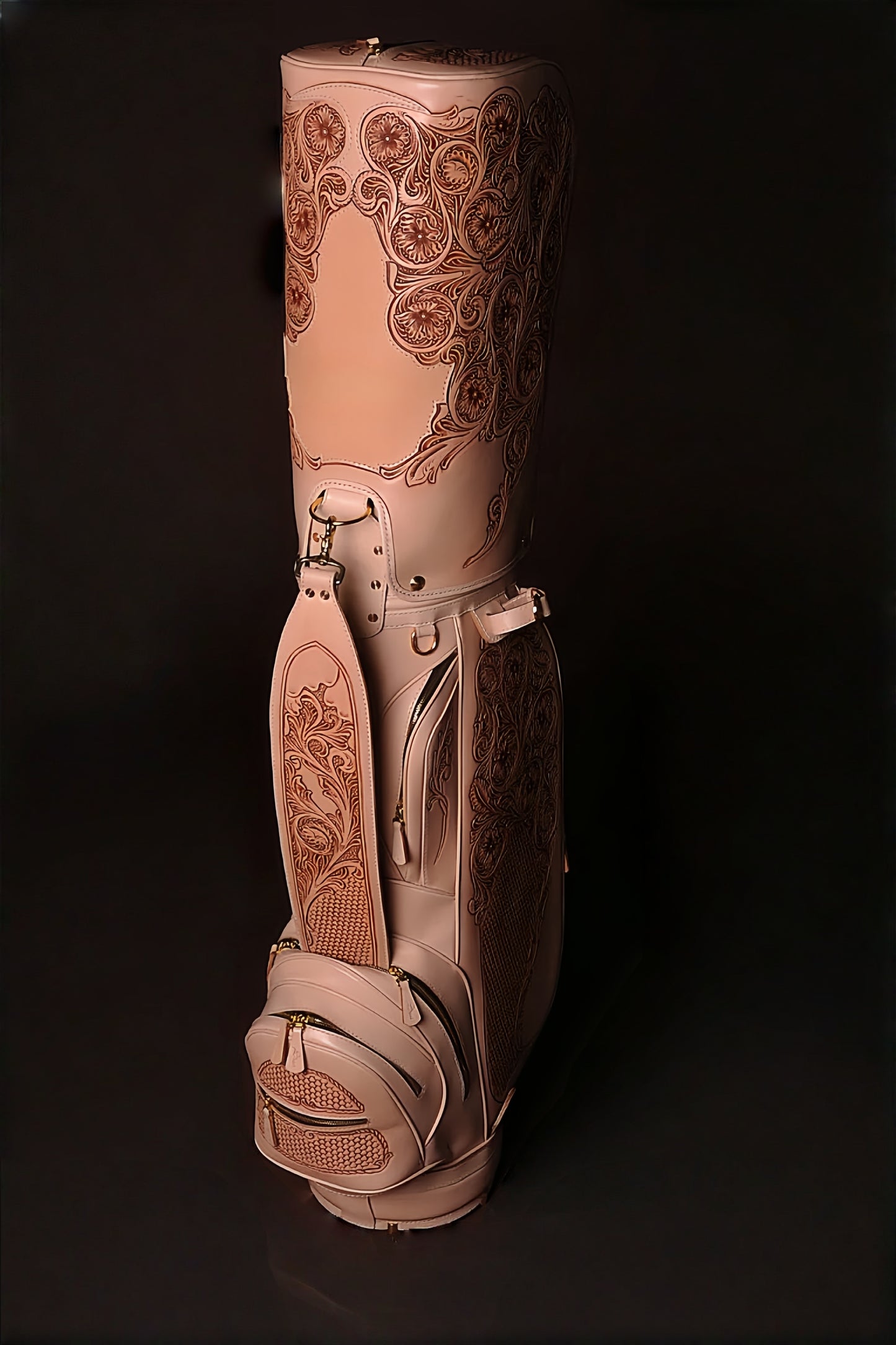 Hand-carved vegetable-tanned cowhide golf bag
