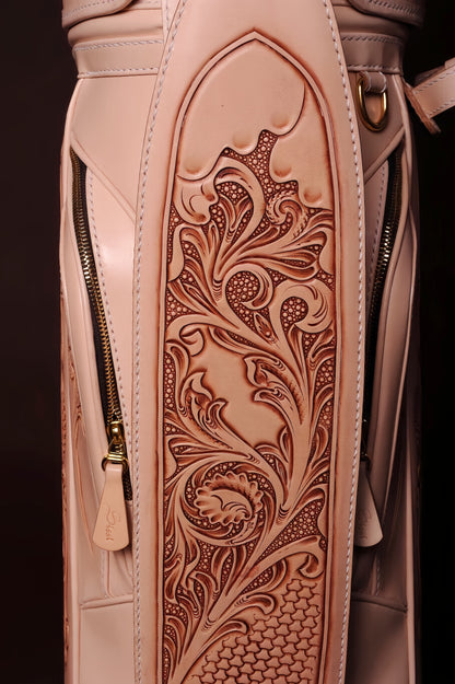 Hand-carved vegetable-tanned cowhide golf bag