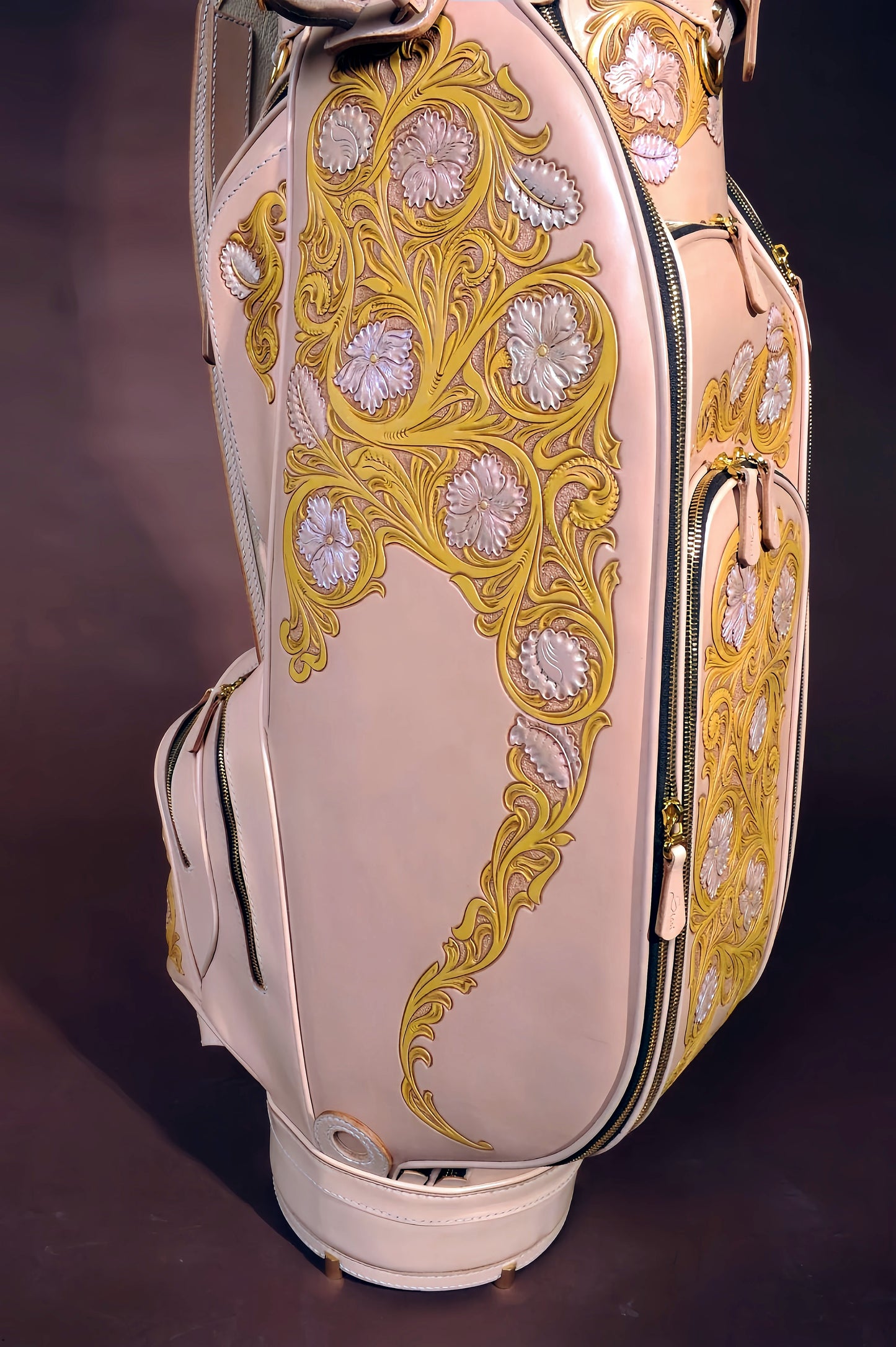 Hand-carved vegetable-tanned cowhide golf bag