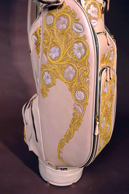 Hand-carved vegetable-tanned cowhide golf bag