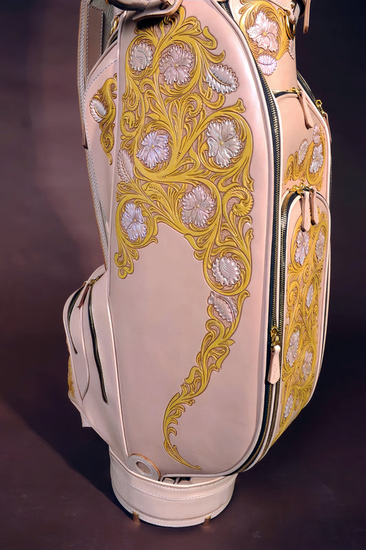 Hand-carved vegetable-tanned cowhide golf bag