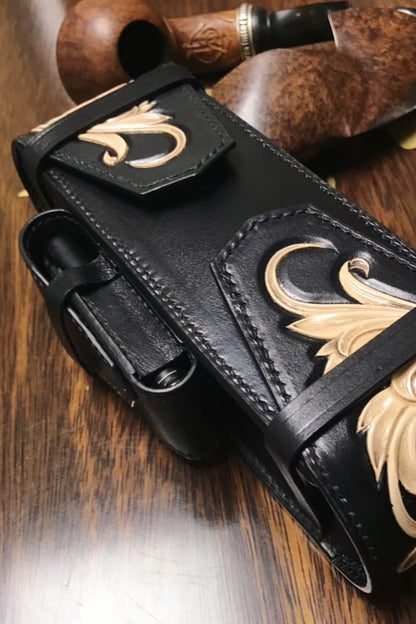 Hand-carved Tobacco Pipe Pouch Made of Vegetable Tanned Cowhide