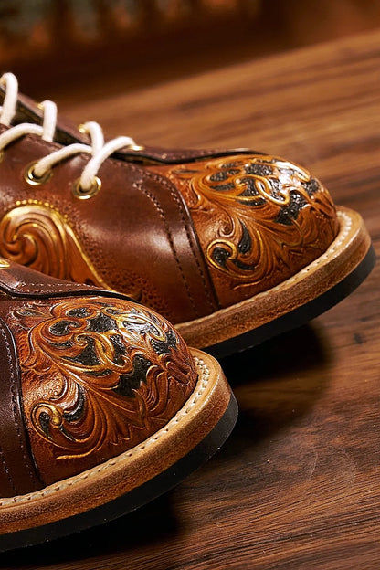 Hand-carved vegetable-tanned cowhide motorcycle boots