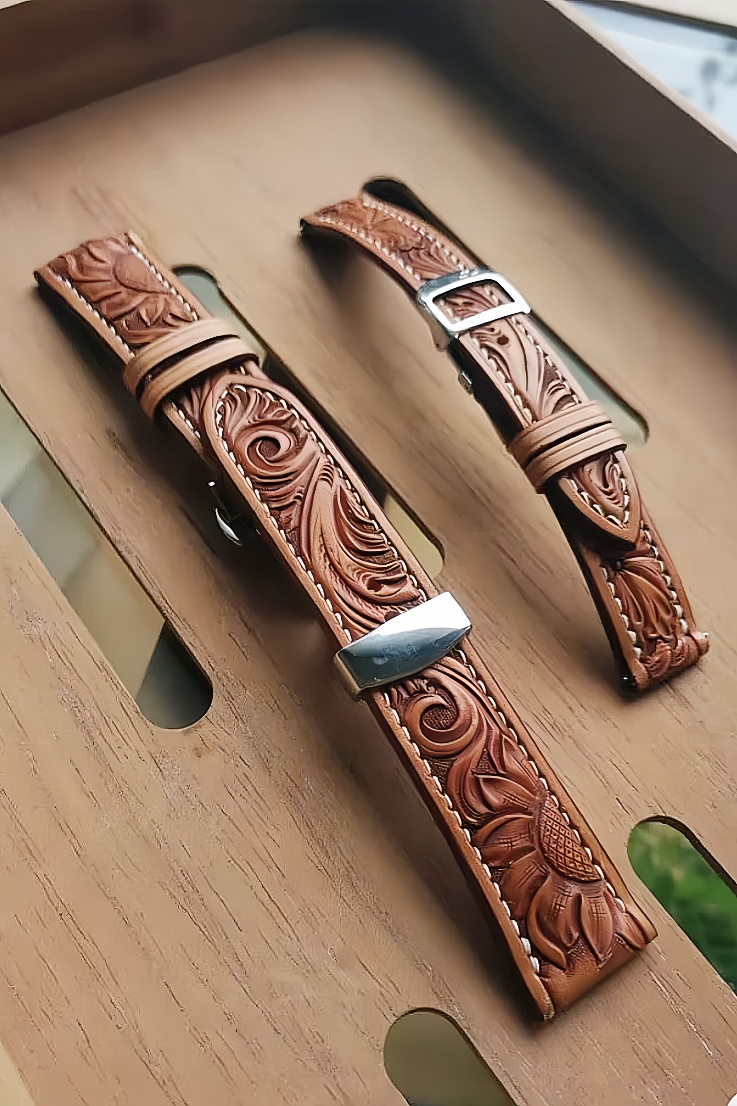 Hand-carved vegetable-tanned cowhide watch strap