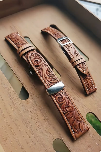 Hand-carved vegetable-tanned cowhide watch strap