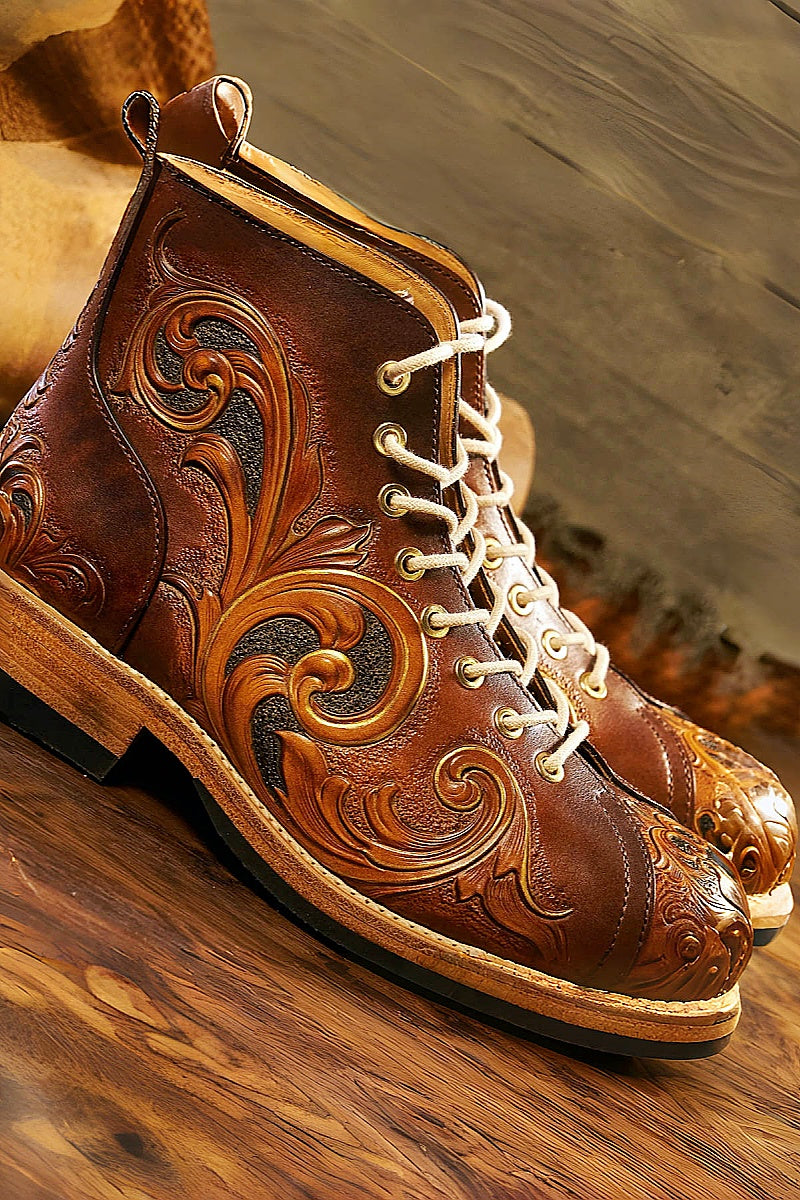 Hand-carved vegetable-tanned cowhide motorcycle boots