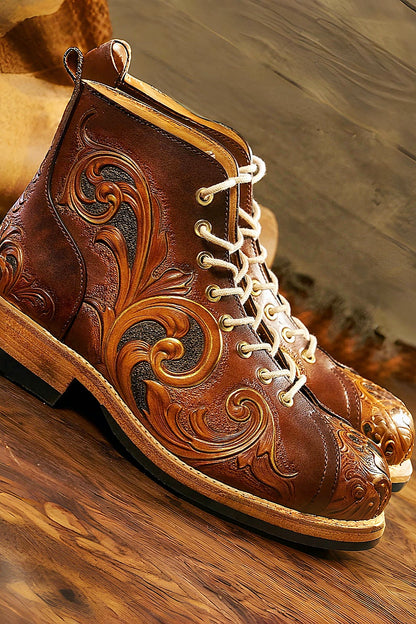 Hand-carved vegetable-tanned cowhide motorcycle boots