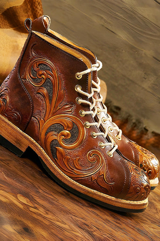 Hand-carved vegetable-tanned cowhide motorcycle boots