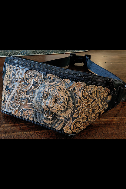 Vegetable-Tanned Leather Hand-Carved Motorcycle Waist Bag