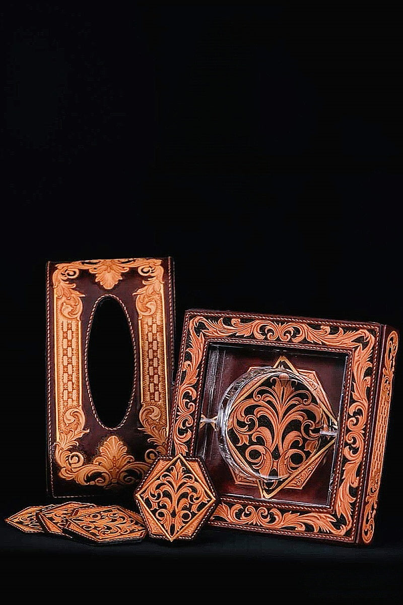 Baroque Series Vegetable-Tanned Cowhide Hand-Carved Tabletop Three-Piece Set