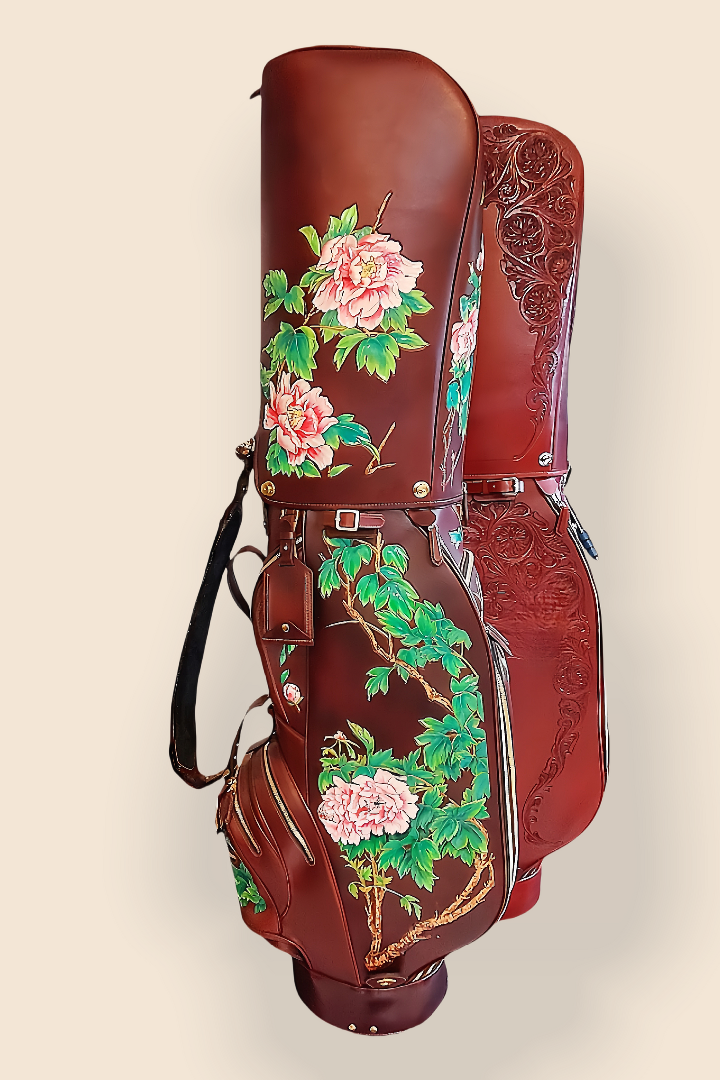 Hand-carved vegetable-tanned cowhide golf bag