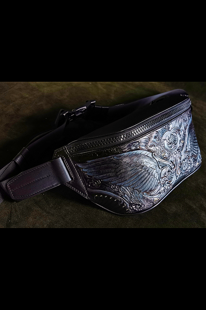 Vegetable-Tanned Leather Hand-Carved Motorcycle Waist Bag