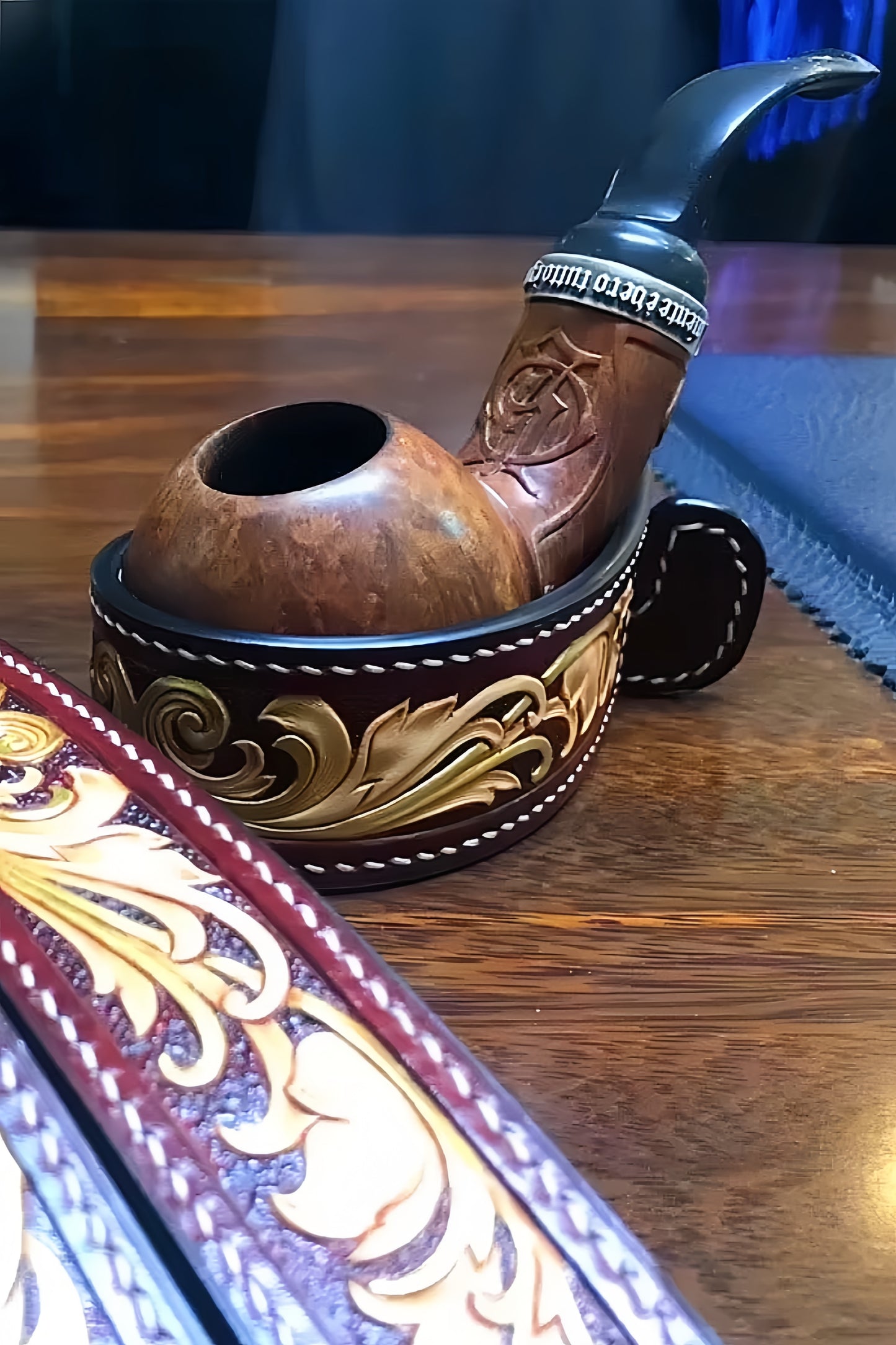 Hand-Carved Vegetable-Tanned Cowhide Pipe Rack