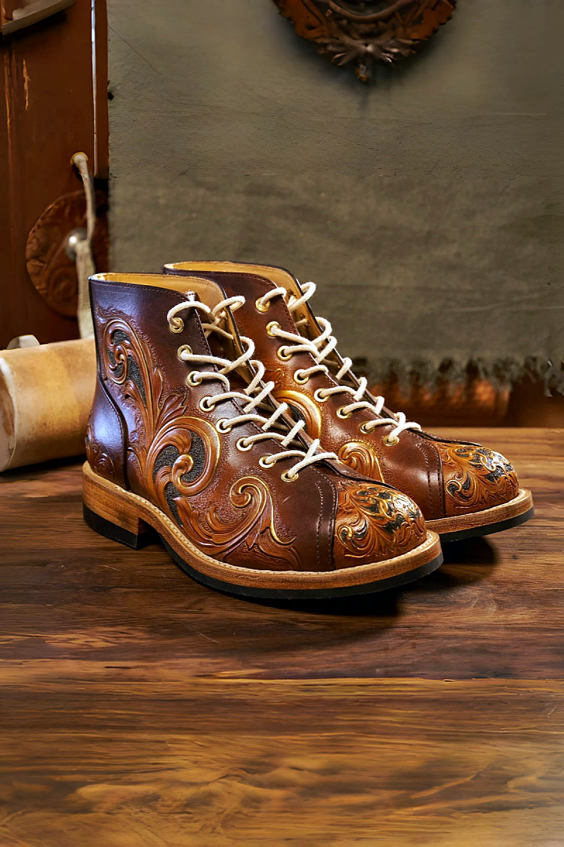 Hand-carved vegetable-tanned cowhide motorcycle boots