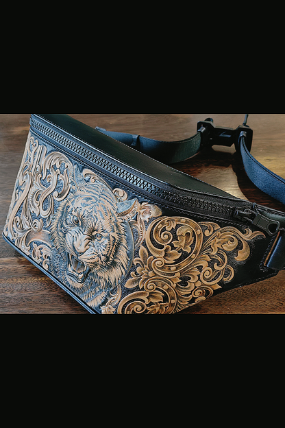 Vegetable-Tanned Leather Hand-Carved Motorcycle Waist Bag