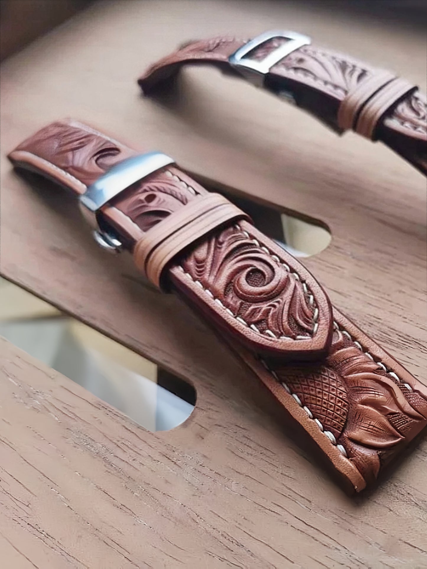 Hand-carved vegetable-tanned cowhide watch strap