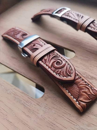 Hand-carved vegetable-tanned cowhide watch strap