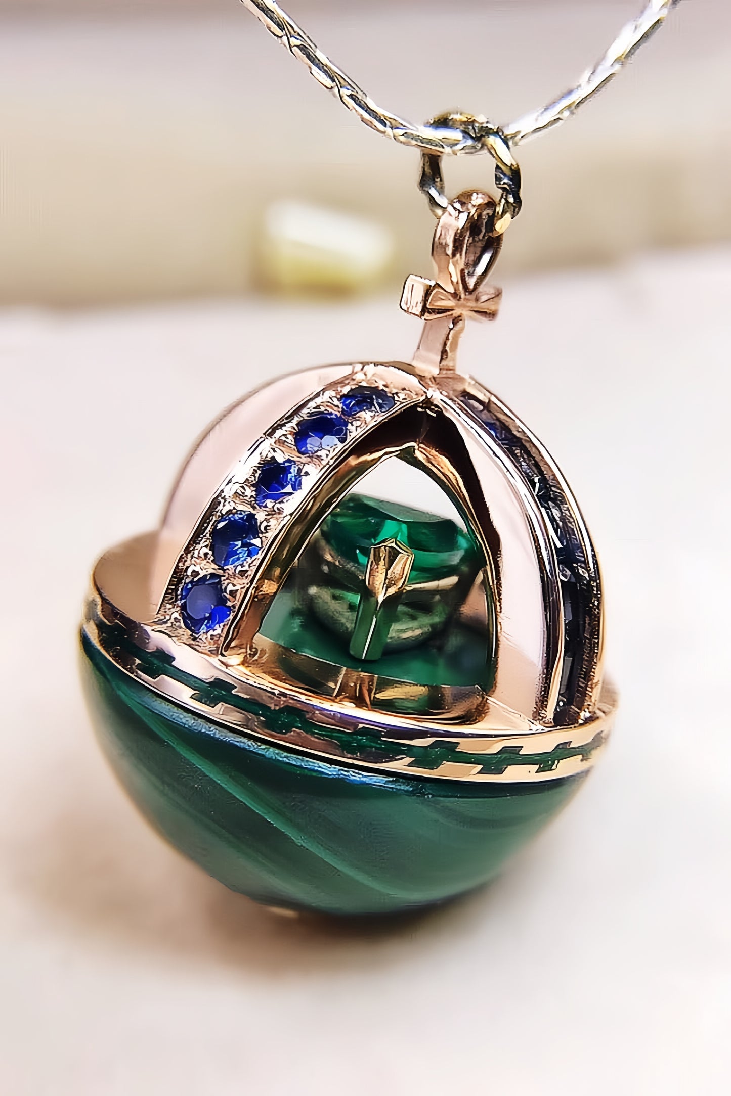 18K Gold Necklace with Blue-Green Sapphire and Malachite